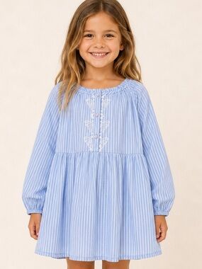 H&M Light Blue Striped Embroidered Long-Sleeve Girls Dress